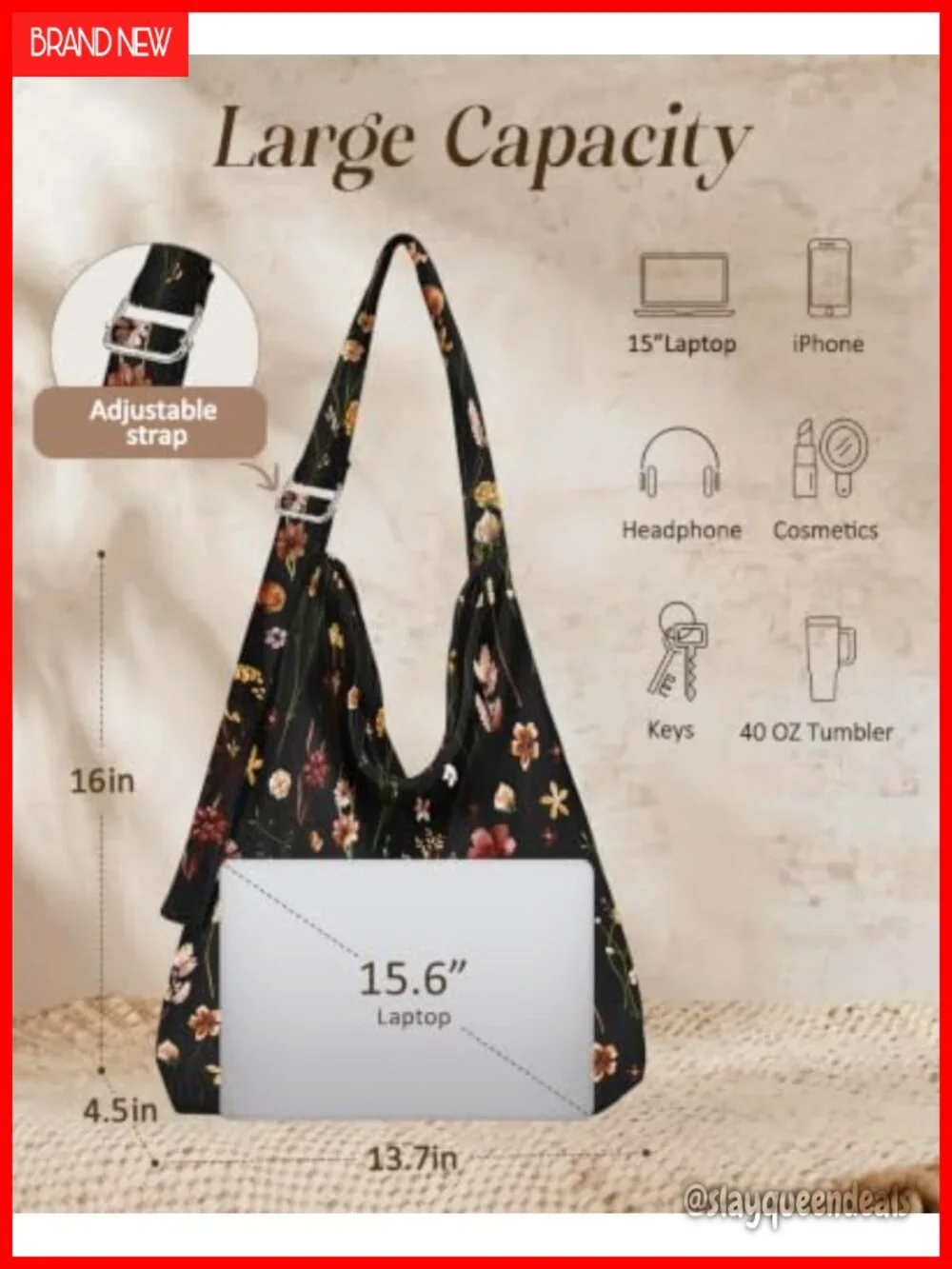 Corduroy Hobo Bag Large Zipper Tote Floral